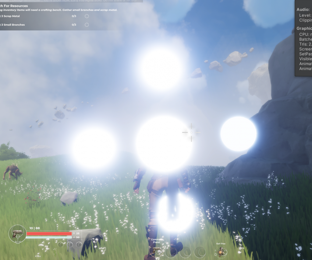 Some debug “probes” around the player. Each probe around the player represents light intensity from that direction. The exterior lighting intensity is pretty high…